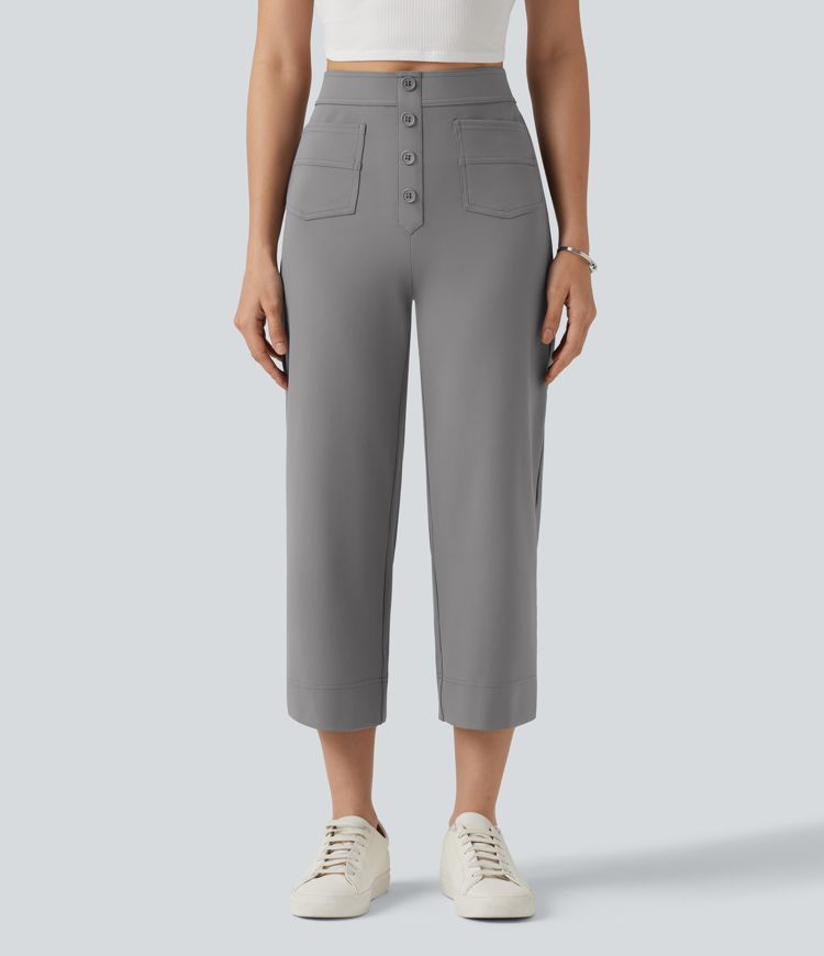 DayStretch High Waisted Straight Leg Cropped Casual Pants with Pockets