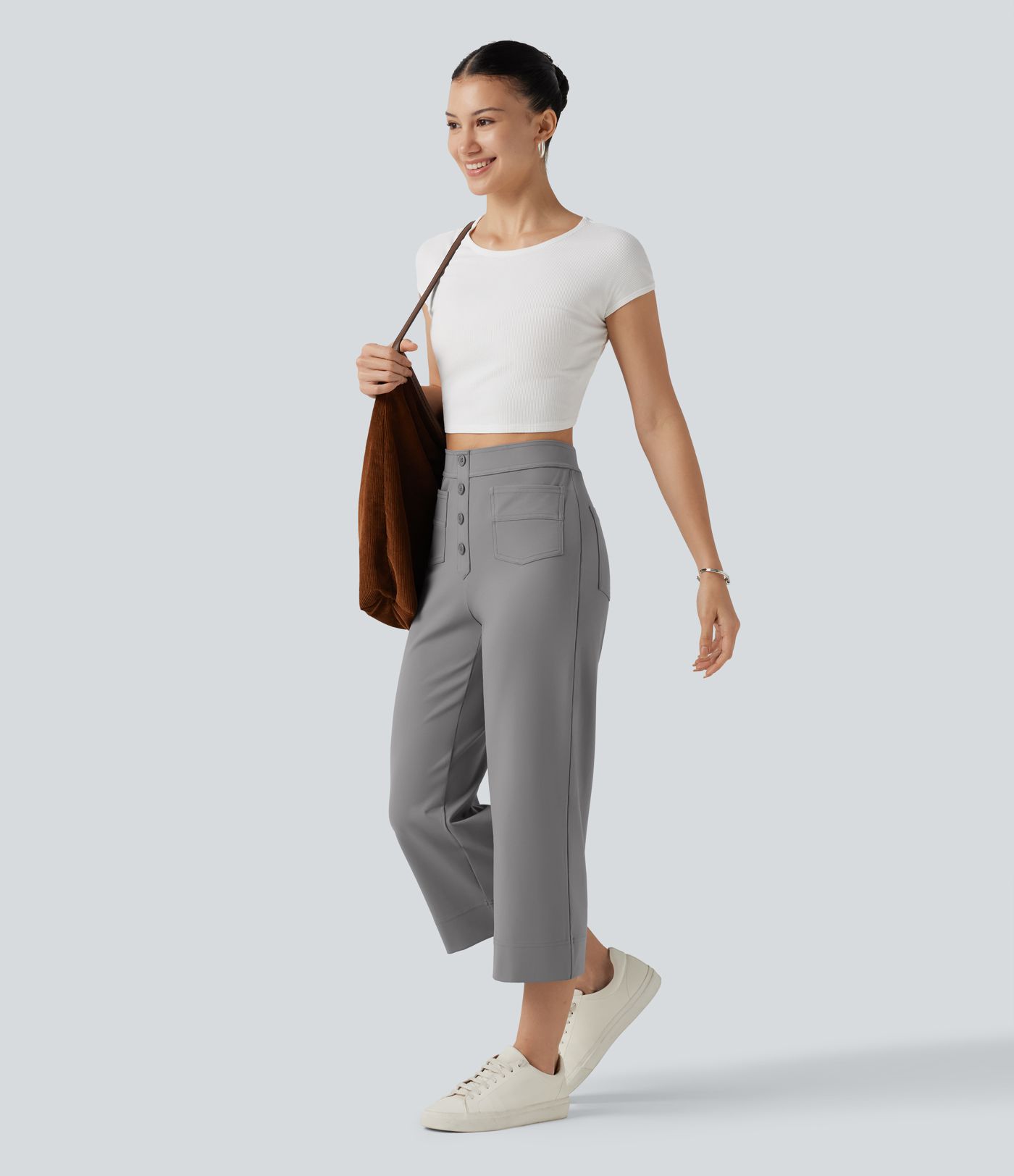 DayStretch High Waisted Straight Leg Cropped Casual Pants with Pockets