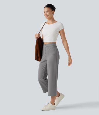 DayStretch High Waisted Straight Leg Cropped Casual Pants with Pockets
