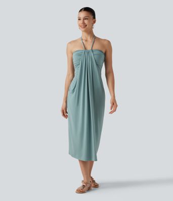 Neckholder-Midikleid mit Bindeband am Rücken, integriertem BH und Taschen