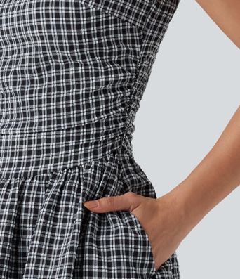 Gingham Boat Neck Sleeveless Invisible Zipper Ruched Mini Casual A-Line Dress with Pockets