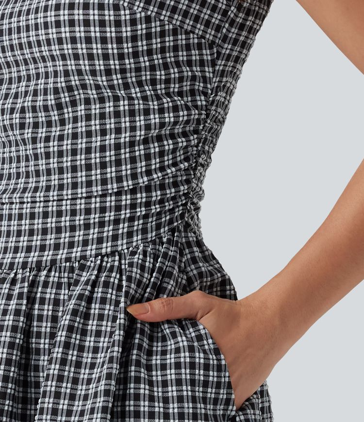 Gingham Boat Neck Sleeveless Invisible Zipper Ruched Mini Casual A-Line Dress with Pockets