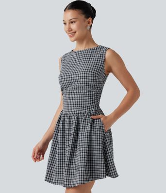 Gingham Boat Neck Sleeveless Invisible Zipper Ruched Mini Casual A-Line Dress with Pockets