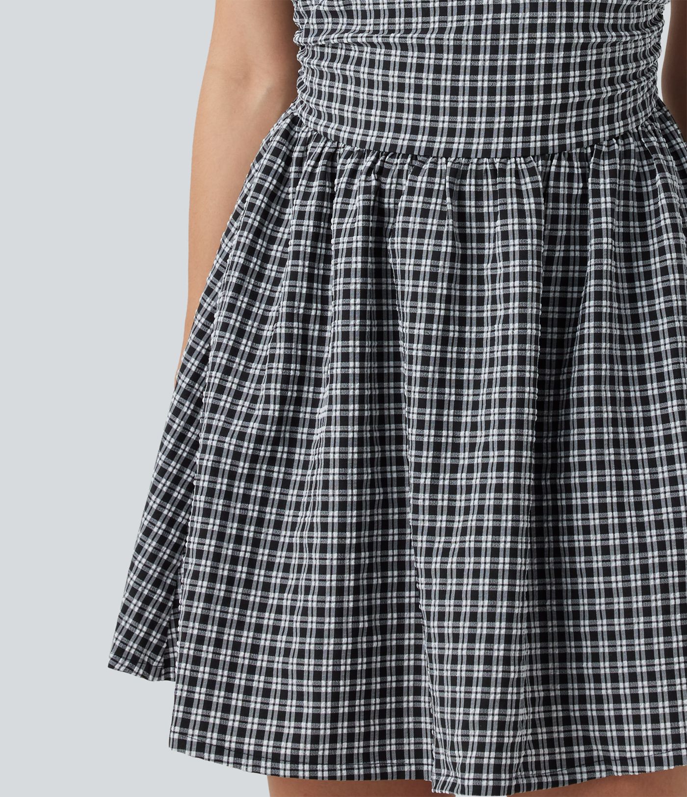 Gingham Boat Neck Sleeveless Invisible Zipper Ruched Mini Casual A-Line Dress with Pockets