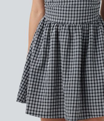 Gingham Boat Neck Sleeveless Invisible Zipper Ruched Mini Casual A-Line Dress with Pockets