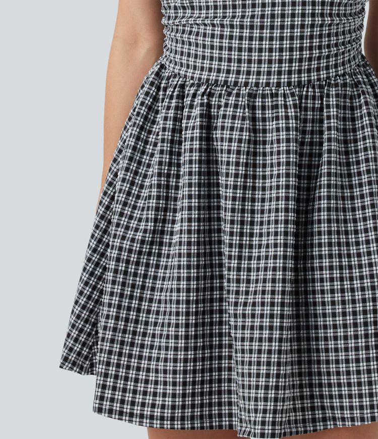 Gingham Boat Neck Sleeveless Invisible Zipper Ruched Mini Casual A-Line Dress with Pockets