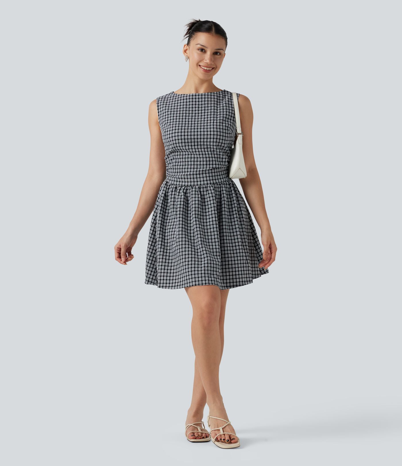 Gingham Boat Neck Sleeveless Invisible Zipper Ruched Mini Casual A-Line Dress with Pockets
