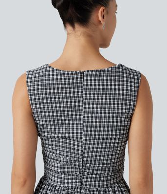 Gingham Boat Neck Sleeveless Invisible Zipper Ruched Mini Casual A-Line Dress with Pockets