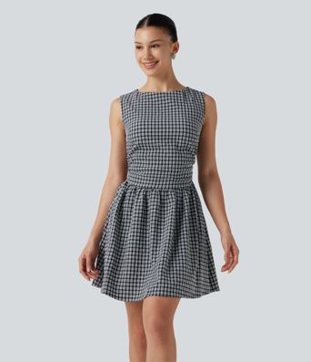 Gingham Boat Neck Sleeveless Invisible Zipper Ruched Mini Casual A-Line Dress with Pockets