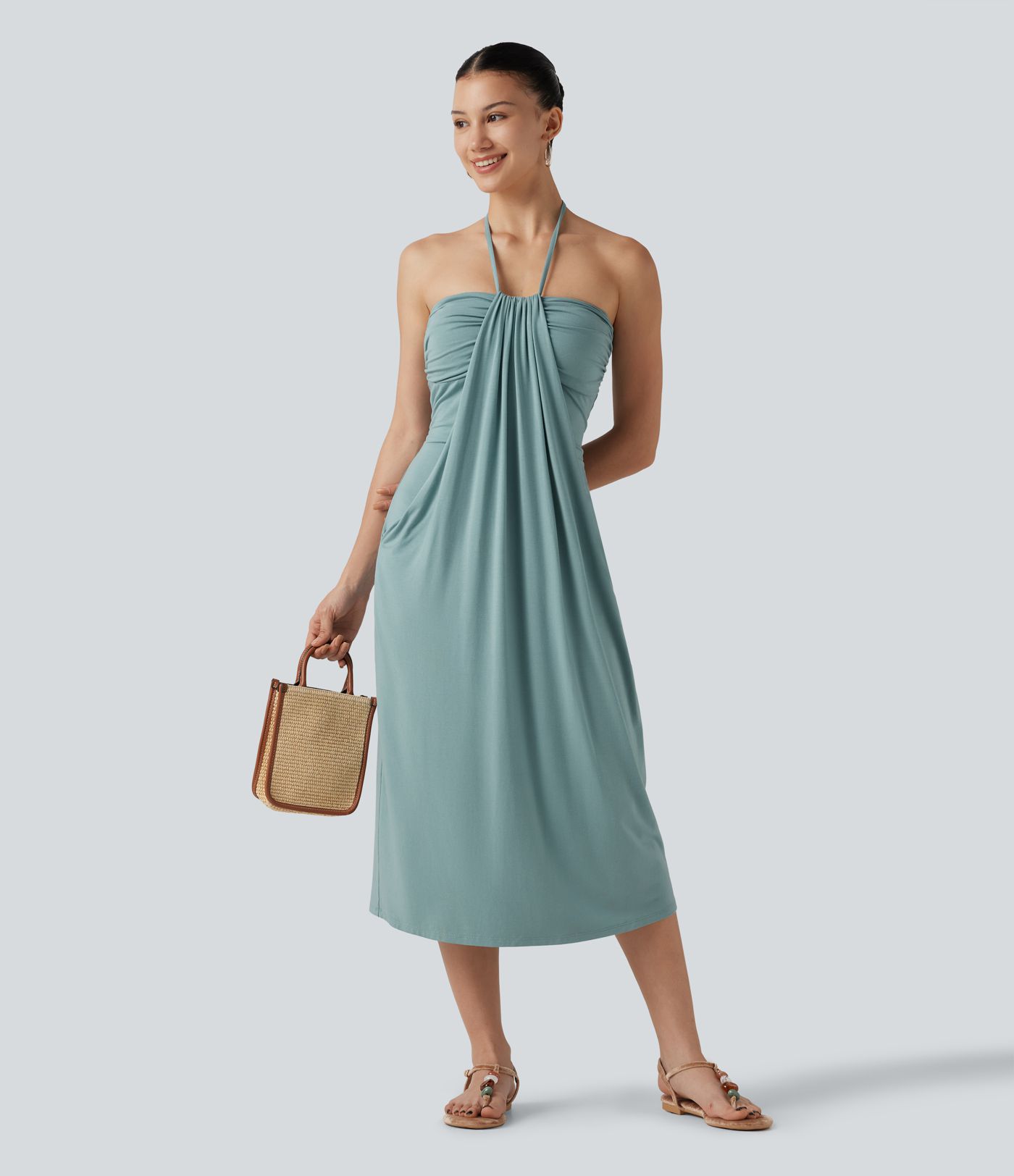 Neckholder-Midikleid mit Bindeband am Rücken, integriertem BH und Taschen