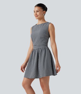 Gingham Boat Neck Sleeveless Invisible Zipper Ruched Mini Casual A-Line Dress with Pockets