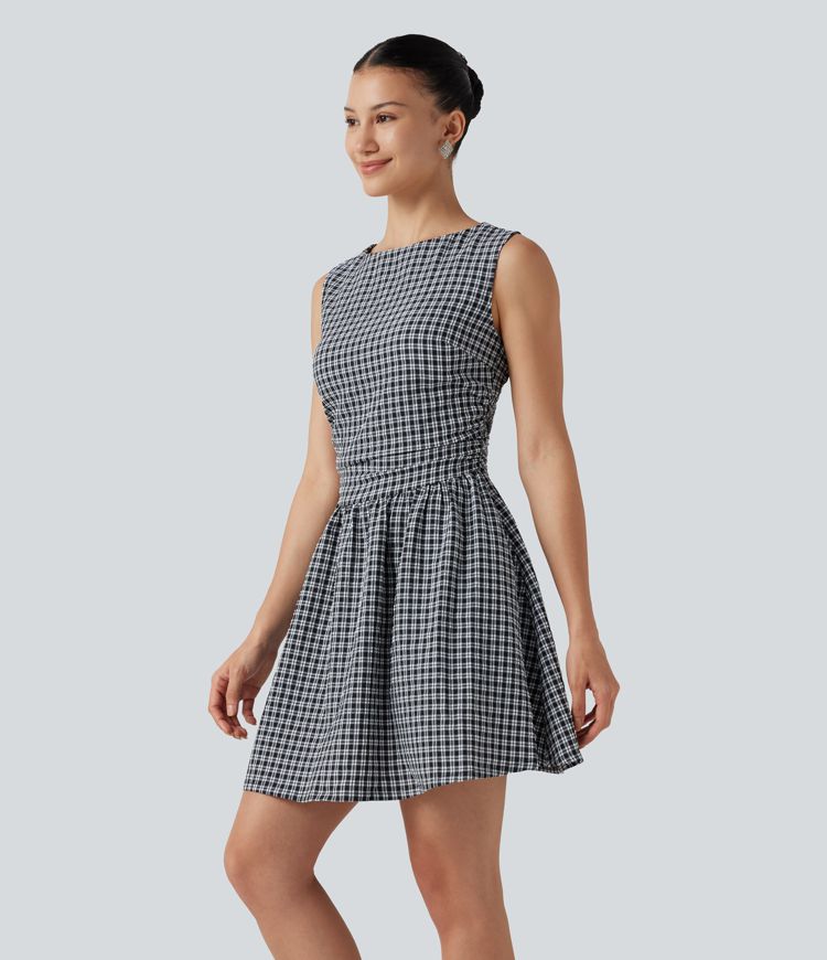 Gingham Boat Neck Sleeveless Invisible Zipper Ruched Mini Casual A-Line Dress with Pockets
