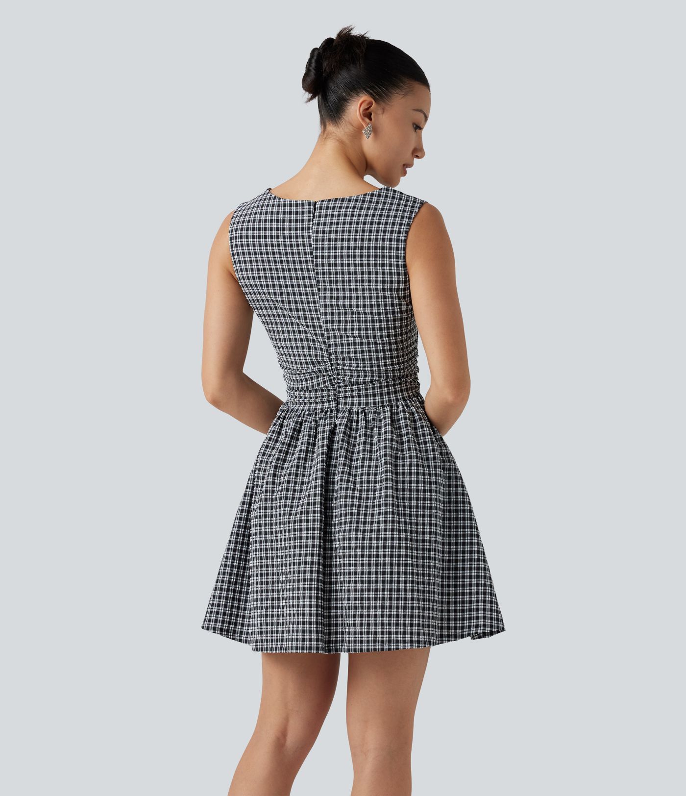 Gingham Boat Neck Sleeveless Invisible Zipper Ruched Mini Casual A-Line Dress with Pockets