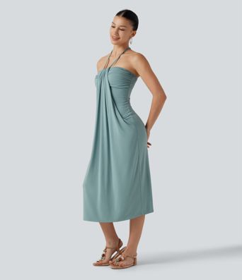 Neckholder-Midikleid mit Bindeband am Rücken, integriertem BH und Taschen