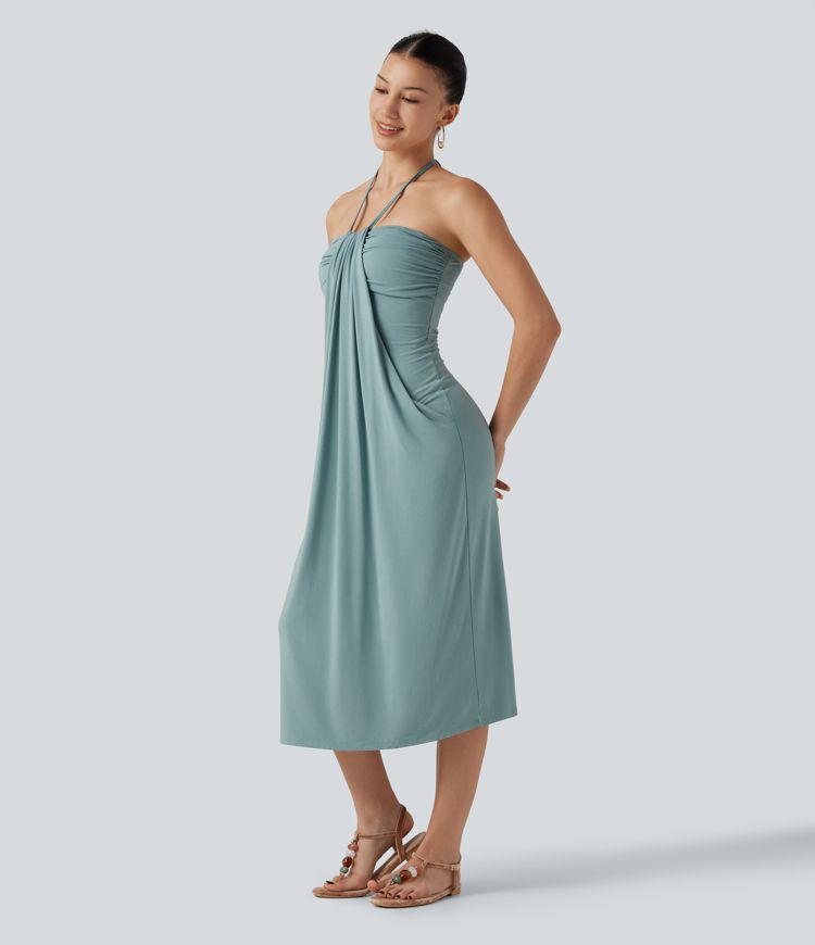 Neckholder-Midikleid mit Bindeband am Rücken, integriertem BH und Taschen