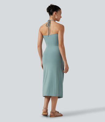 Neckholder-Midikleid mit Bindeband am Rücken, integriertem BH und Taschen