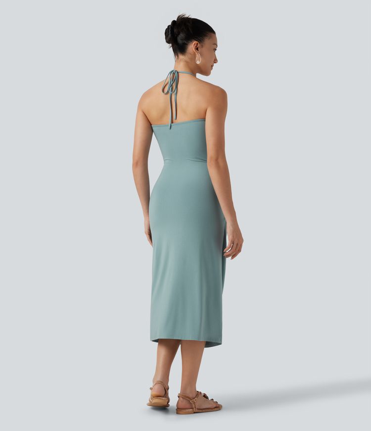 Neckholder-Midikleid mit Bindeband am Rücken, integriertem BH und Taschen