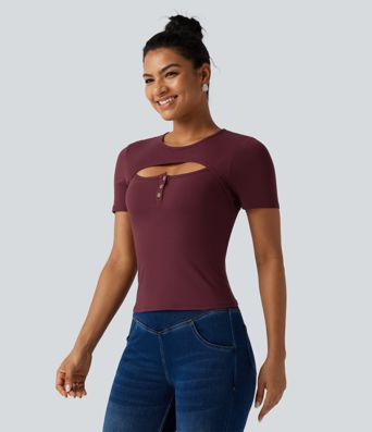 Ribbed Knit Round Neck Cut Out Short Sleeve Built-in Bra Casual T-Shirt