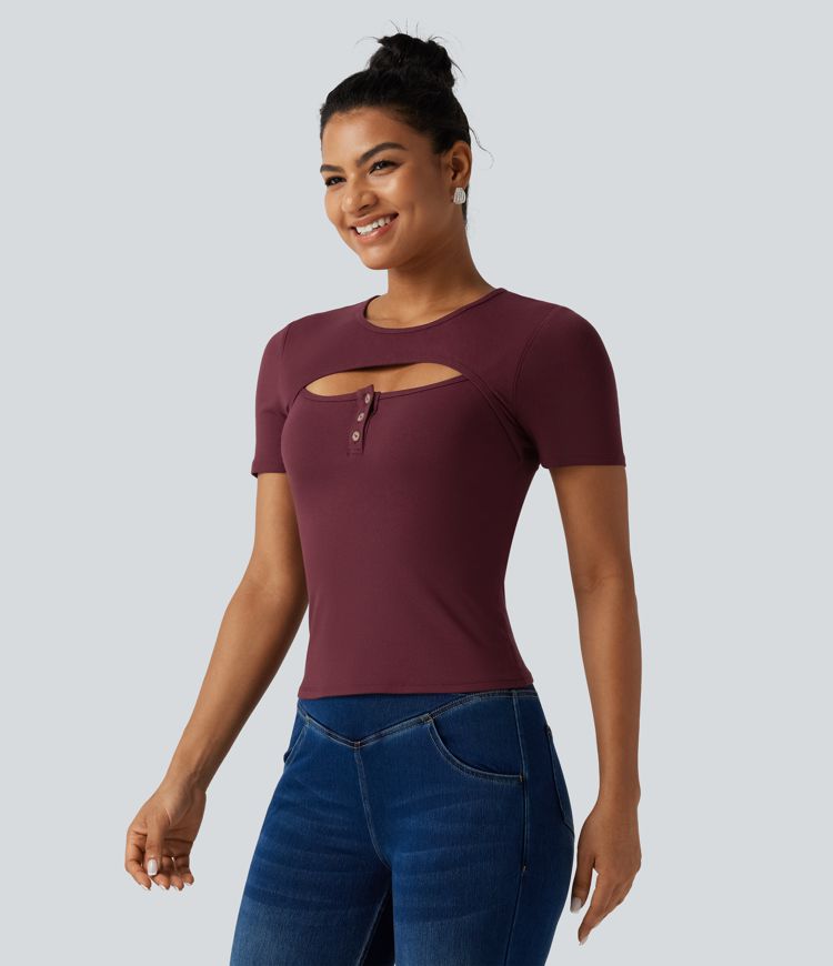 Ribbed Knit Round Neck Cut Out Short Sleeve Built-in Bra Casual T-Shirt