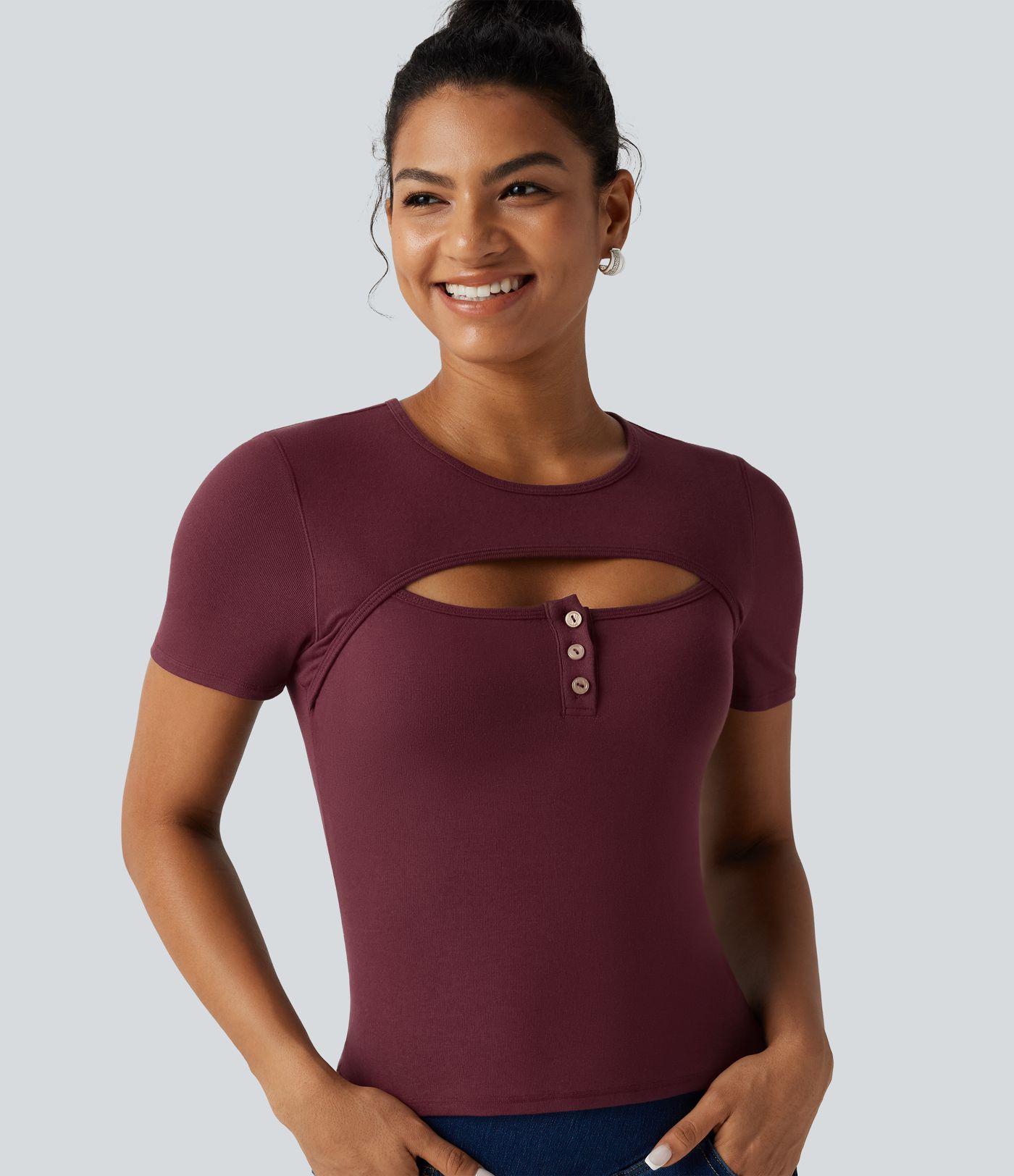 Ribbed Knit Round Neck Cut Out Short Sleeve Built-in Bra Casual T-Shirt Ribbed Knit Round Neck Cut Out Short Sleeve Built-in Bra Casual T-Shirt