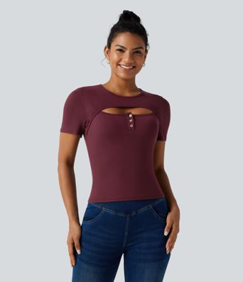 Ribbed Knit Round Neck Cut Out Short Sleeve Built-in Bra Casual T-Shirt