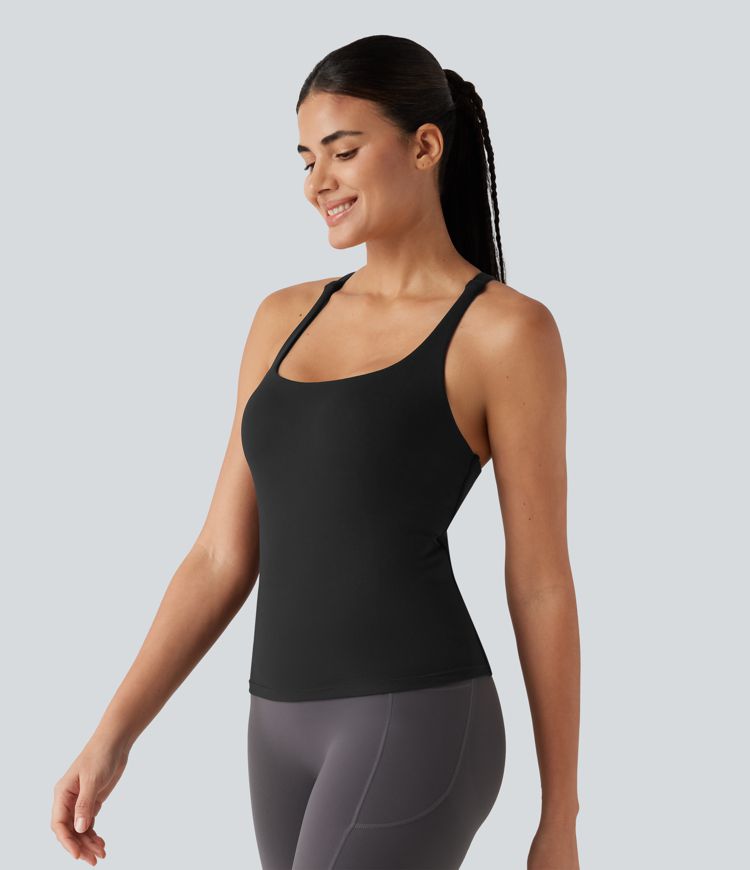 Crisscross Backless Built-in Bra Running Tank Top-Longer Length A-D Cups