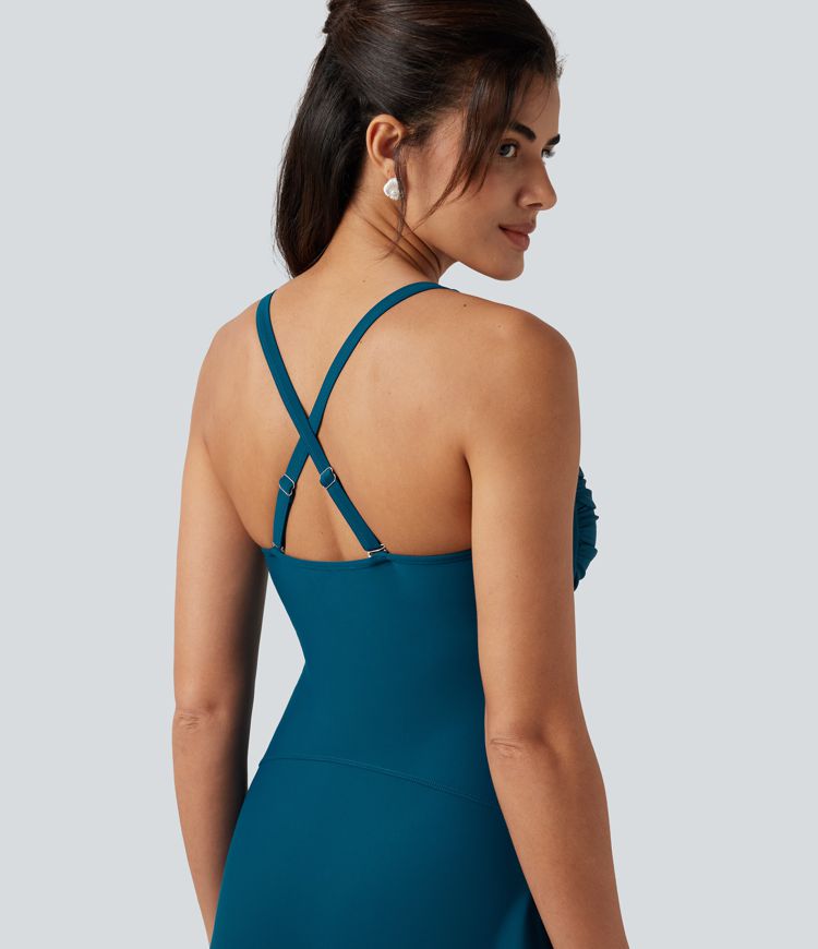 Queen Anne Neck Adjustable Straps Twisted Ruched 2-in-1 Built-in Bra Push-Up Tummy Control Swim Dress with Pockets