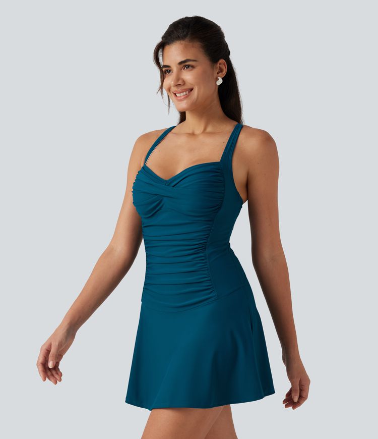 Queen Anne Neck Adjustable Straps Twisted Ruched 2-in-1 Built-in Bra Push-Up Tummy Control Swim Dress with Pockets