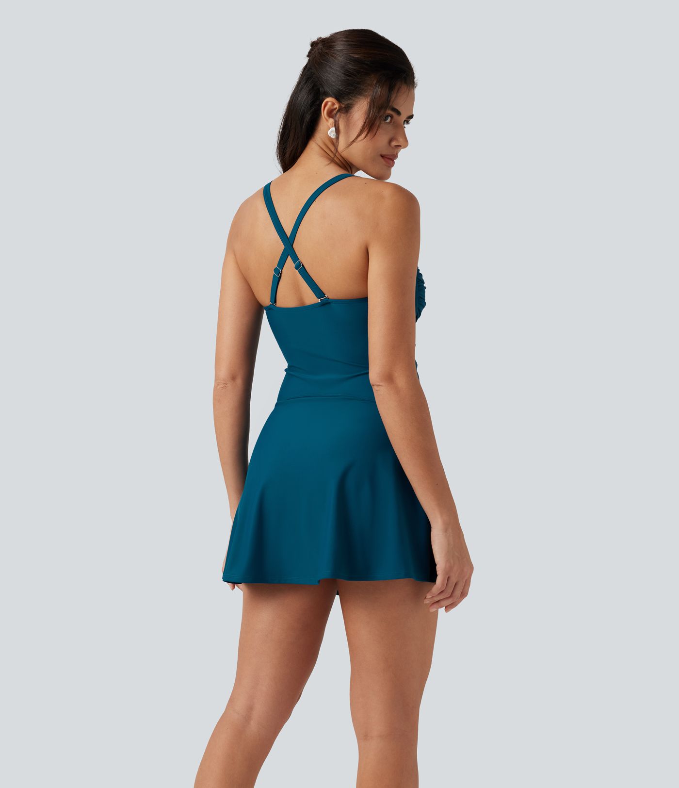Queen Anne Neck Adjustable Straps Twisted Ruched 2-in-1 Built-in Bra Push-Up Tummy Control Swim Dress with Pockets