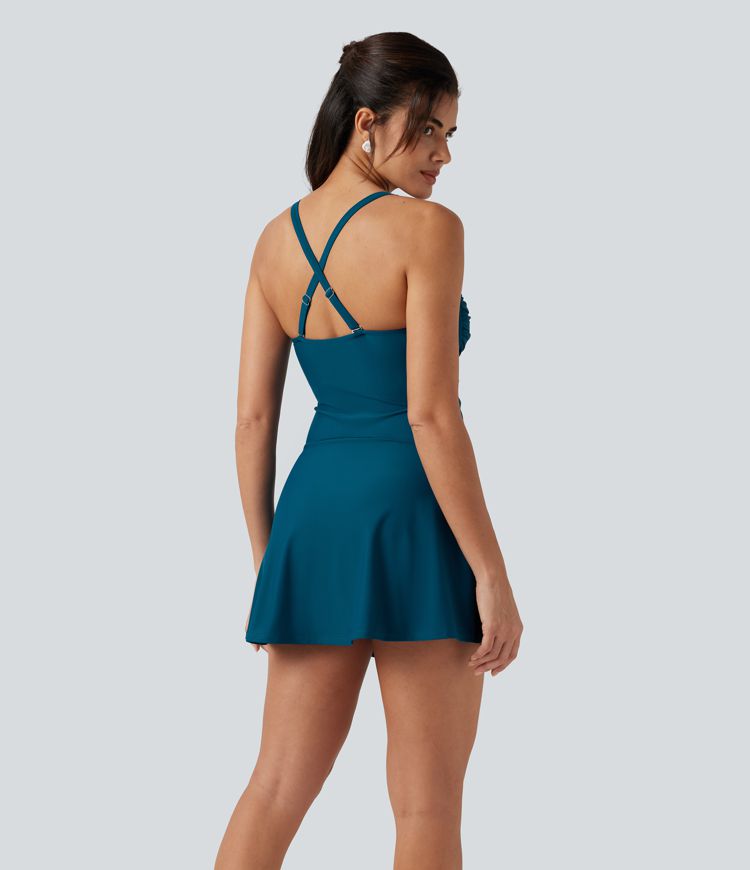 Queen Anne Neck Adjustable Straps Twisted Ruched 2-in-1 Built-in Bra Push-Up Tummy Control Swim Dress with Pockets