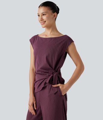 Boat Neck Sleeveless Tie Side Cool Touch Stripe Work Jumpsuit with Pockets-Easy Peezy Edition Boat Neck Sleeveless Tie Side Cool Touch Stripe Work Jumpsuit with Pockets-Easy Peezy Edition