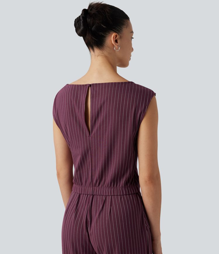 Boat Neck Sleeveless Tie Side Cool Touch Stripe Work Jumpsuit with Pockets-Easy Peezy Edition Boat Neck Sleeveless Tie Side Cool Touch Stripe Work Jumpsuit with Pockets-Easy Peezy Edition