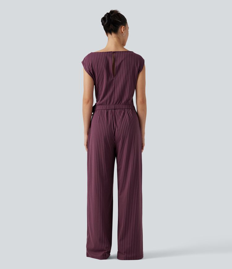 Boat Neck Sleeveless Tie Side Cool Touch Stripe Work Jumpsuit with Pockets-Easy Peezy Edition Boat Neck Sleeveless Tie Side Cool Touch Stripe Work Jumpsuit with Pockets-Easy Peezy Edition