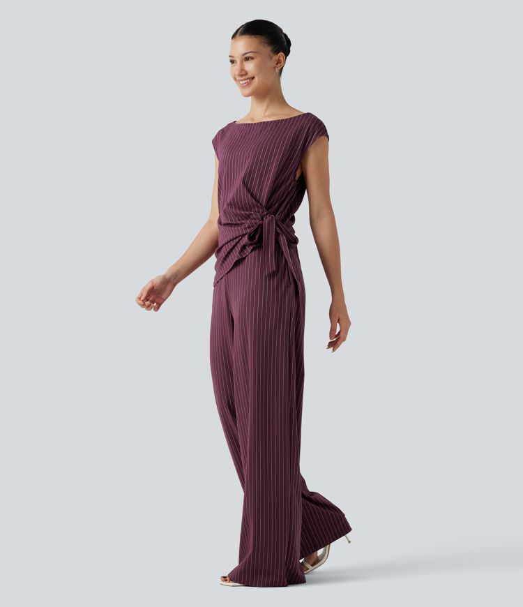 Boat Neck Sleeveless Tie Side Cool Touch Stripe Work Jumpsuit with Pockets-Easy Peezy Edition