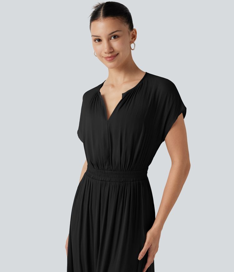 Robe midi décontractée fluide, col V, manches courtes Robe midi décontractée fluide, col V, manches courtes