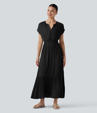 Robe midi décontractée fluide, col V, manches courtes Robe midi décontractée fluide, col V, manches courtes