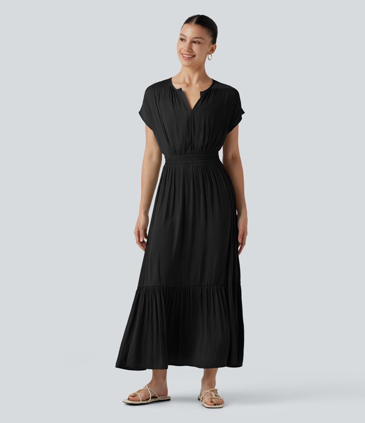 Robe midi décontractée fluide, col V, manches courtes Robe midi décontractée fluide, col V, manches courtes