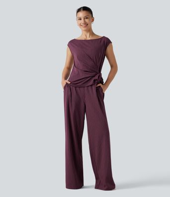 Boat Neck Sleeveless Tie Side Cool Touch Stripe Work Jumpsuit with Pockets-Easy Peezy Edition Boat Neck Sleeveless Tie Side Cool Touch Stripe Work Jumpsuit with Pockets-Easy Peezy Edition