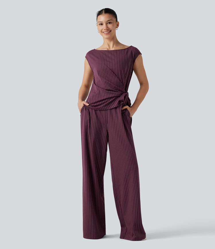Boat Neck Sleeveless Tie Side Cool Touch Stripe Work Jumpsuit with Pockets-Easy Peezy Edition Boat Neck Sleeveless Tie Side Cool Touch Stripe Work Jumpsuit with Pockets-Easy Peezy Edition