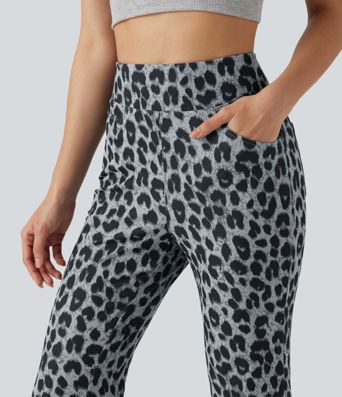 High Waisted Leopard Waffle Flare Casual Pants with Pockets High Waisted Leopard Waffle Flare Casual Pants with Pockets