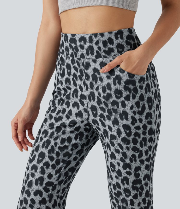 High Waisted Leopard Waffle Flare Casual Pants with Pockets High Waisted Leopard Waffle Flare Casual Pants with Pockets