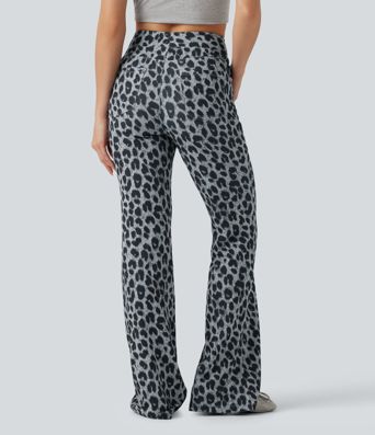 High Waisted Leopard Waffle Flare Casual Pants with Pockets High Waisted Leopard Waffle Flare Casual Pants with Pockets