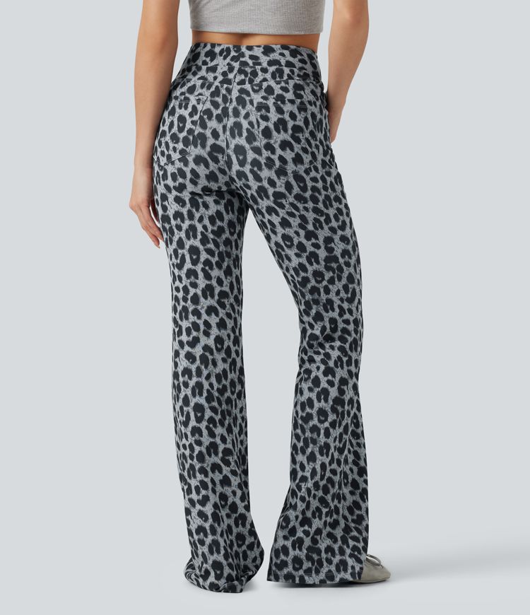 High Waisted Leopard Waffle Flare Casual Pants with Pockets High Waisted Leopard Waffle Flare Casual Pants with Pockets