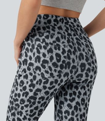 High Waisted Leopard Waffle Flare Casual Pants with Pockets High Waisted Leopard Waffle Flare Casual Pants with Pockets