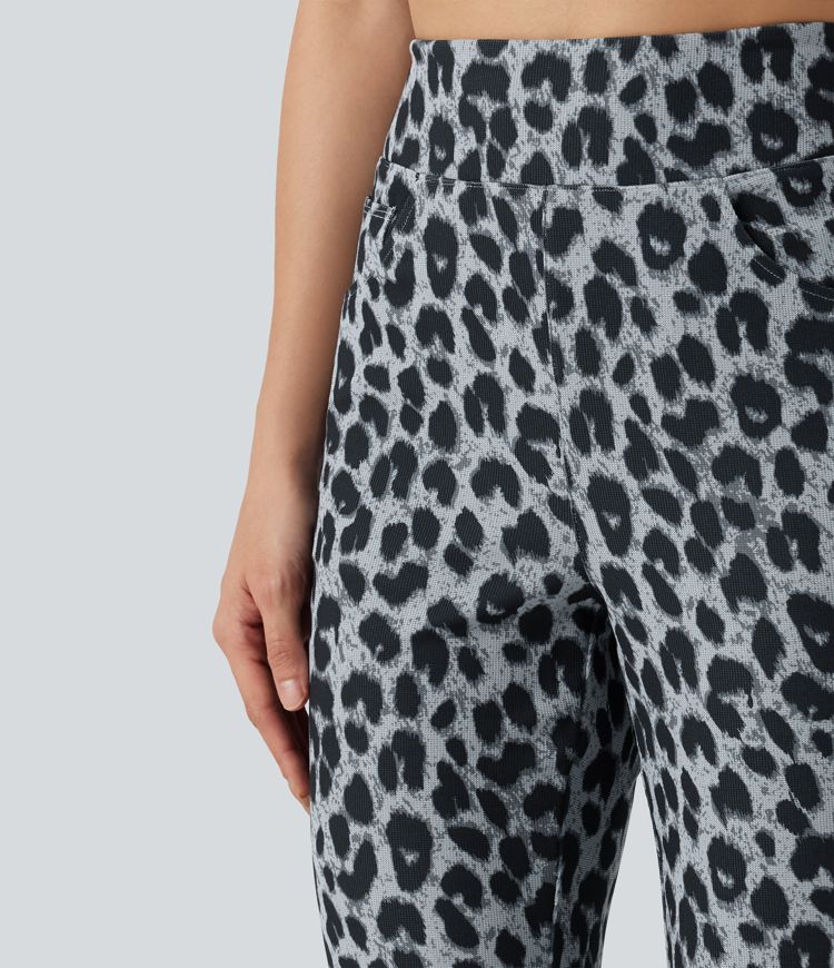 High Waisted Leopard Waffle Flare Casual Pants with Pockets High Waisted Leopard Waffle Flare Casual Pants with Pockets