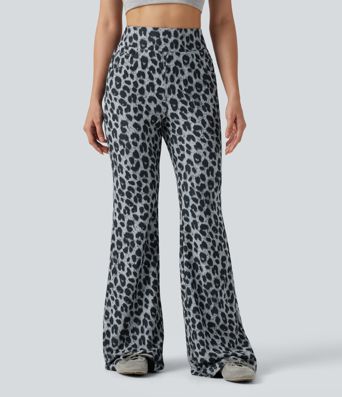High Waisted Leopard Waffle Flare Casual Pants with Pockets High Waisted Leopard Waffle Flare Casual Pants with Pockets
