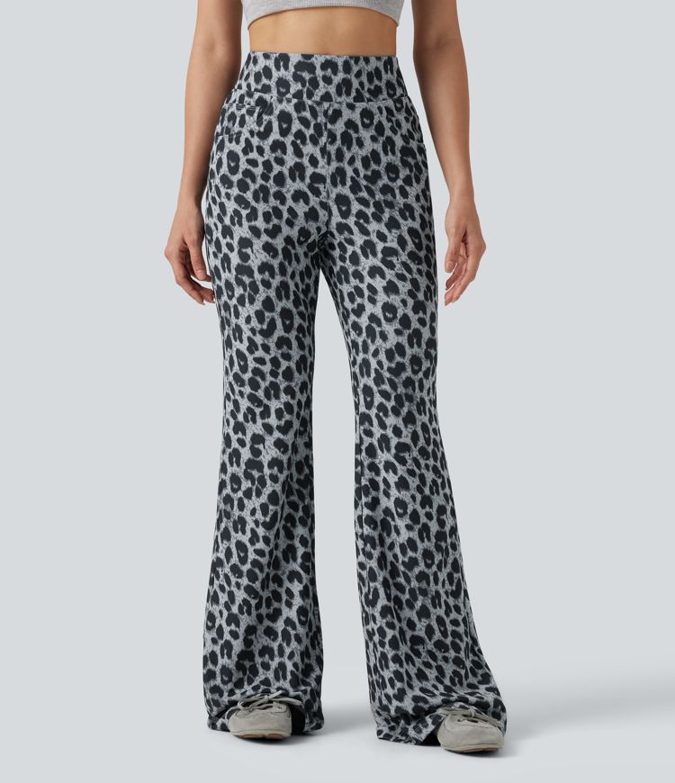 High Waisted Leopard Waffle Flare Casual Pants with Pockets High Waisted Leopard Waffle Flare Casual Pants with Pockets