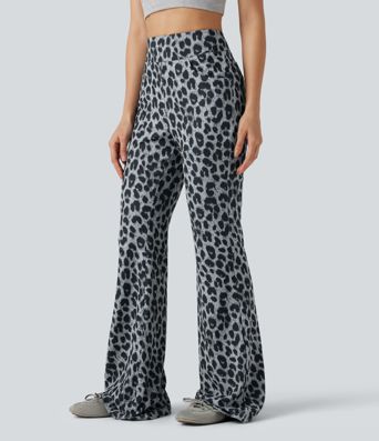 High Waisted Leopard Waffle Flare Casual Pants with Pockets High Waisted Leopard Waffle Flare Casual Pants with Pockets