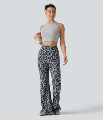 High Waisted Leopard Waffle Flare Casual Pants with Pockets High Waisted Leopard Waffle Flare Casual Pants with Pockets