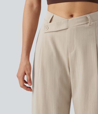 Pantalones de trabajo asimétricos de talle medio con pernera tipo barril, tacto de lino y bolsillos